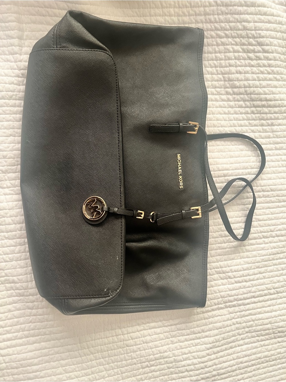 Michael Kors Black Leather Tote with Signature MK Charm